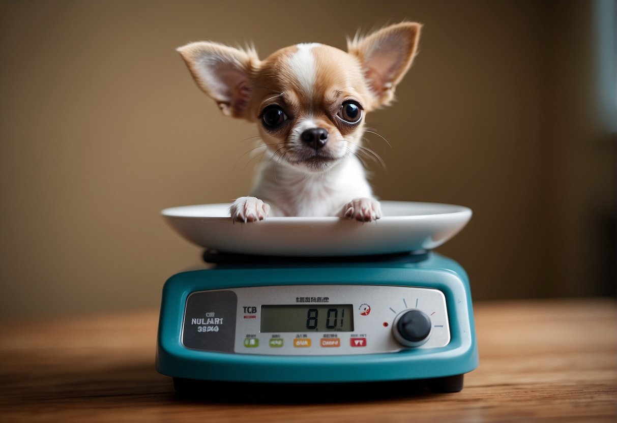 A small Chihuahua stands on a scale, its tiny body tense as it is weighed. Its ears perk up, and its big eyes seem to express curiosity and a hint of apprehension