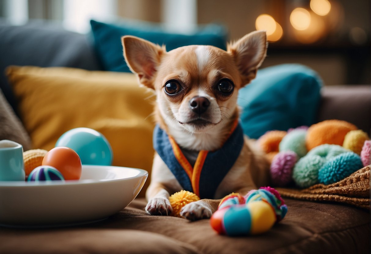 A Chihuahua sitting on a cozy cushion, surrounded by colorful toys and a bowl of food