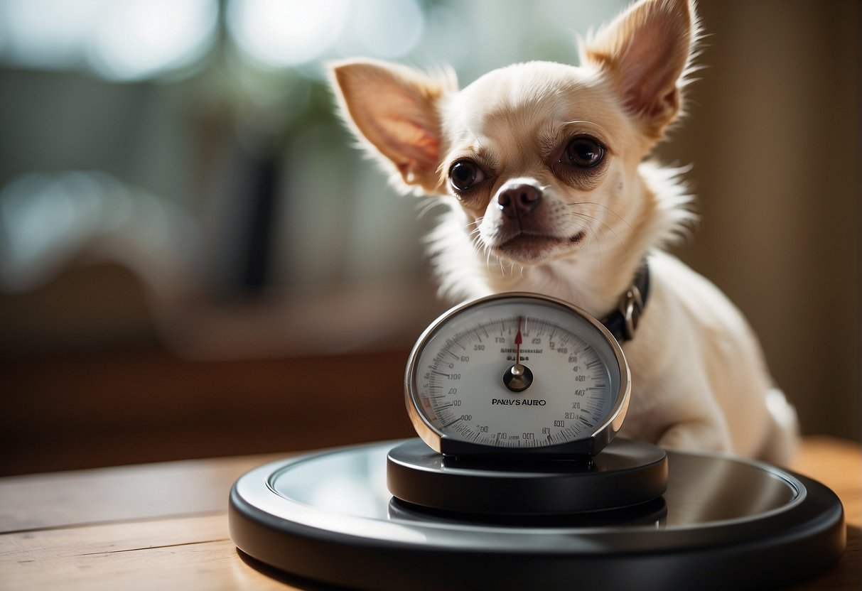 A chihuahua sits next to a scale, with a question mark above its head