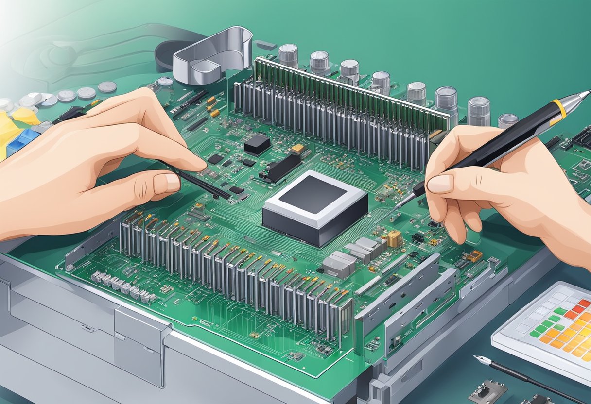 A PCB box is being assembled with precision and care by skilled hands, with various components and tools scattered around the work area