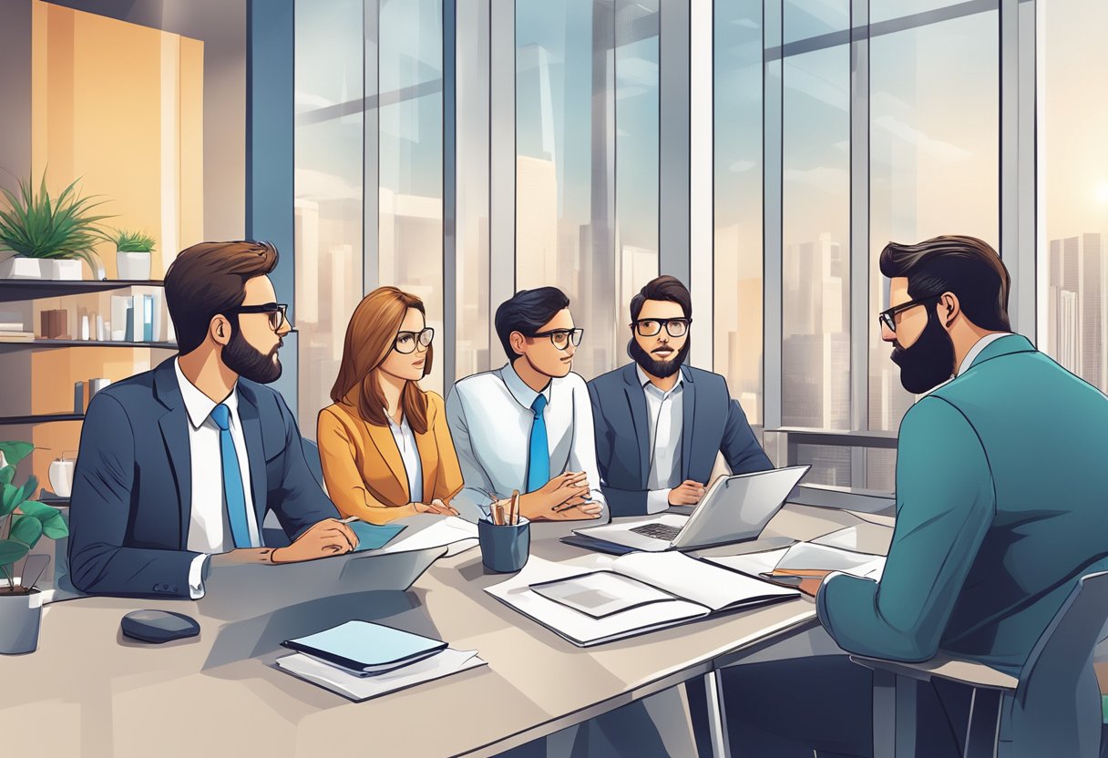 A group of business professionals discussing different corporation structures in a modern office setting