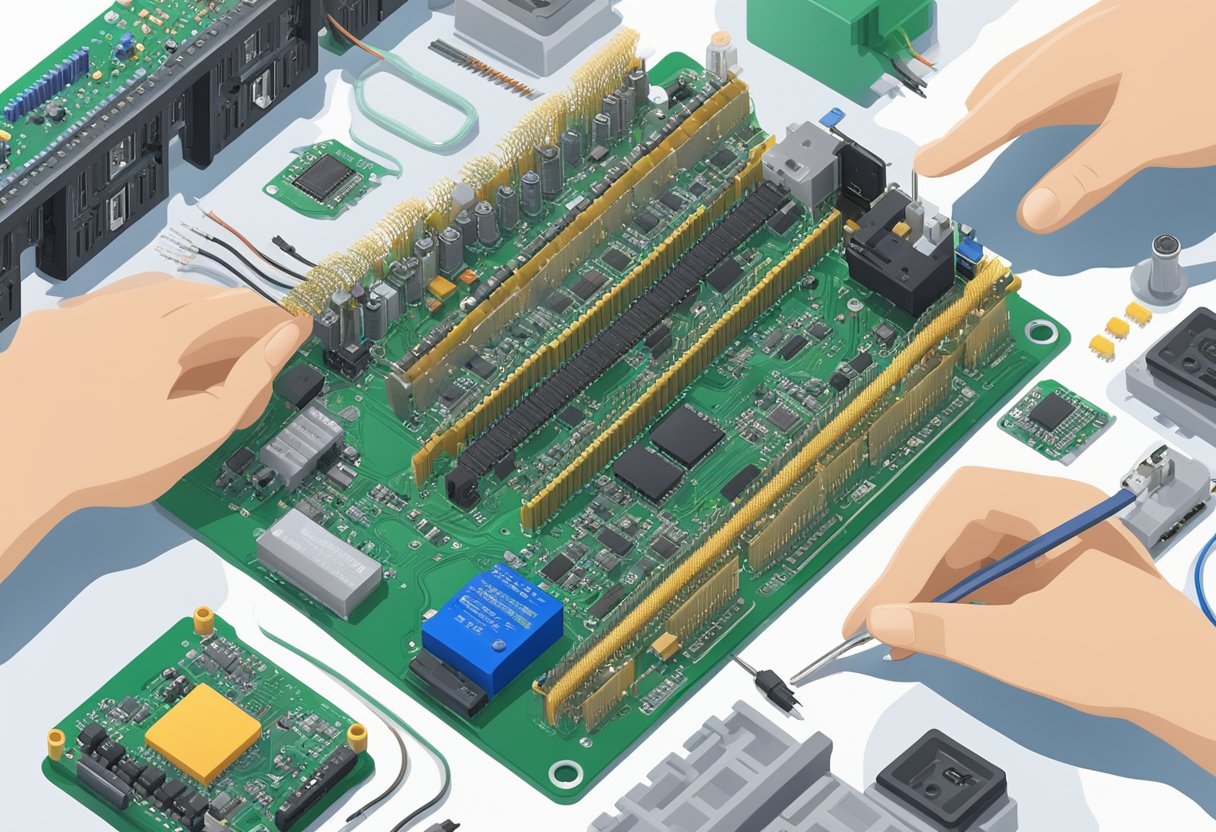 Multiple electronic components being assembled into a PCB box, with wires, connectors, and circuit boards visible