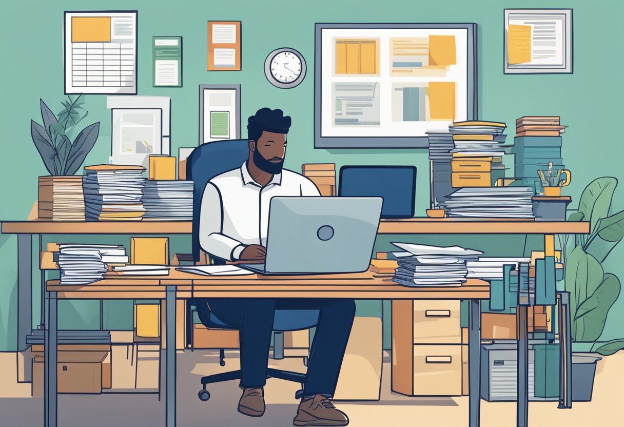 A small business owner sits at a desk, surrounded by documents and a computer. They are contemplating tax considerations and researching the best corporation for their business