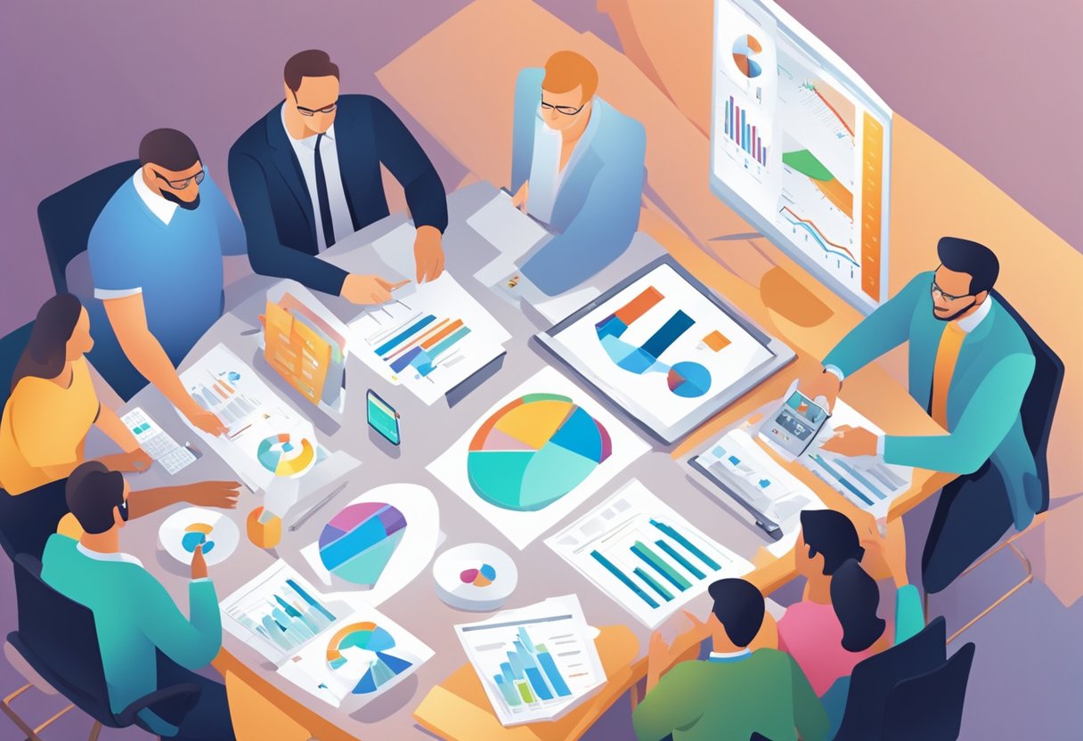 A group of professionals gather around a table, discussing financial strategies and analyzing data. Charts and graphs are displayed on a screen, highlighting key points in funding and financial management for small businesses