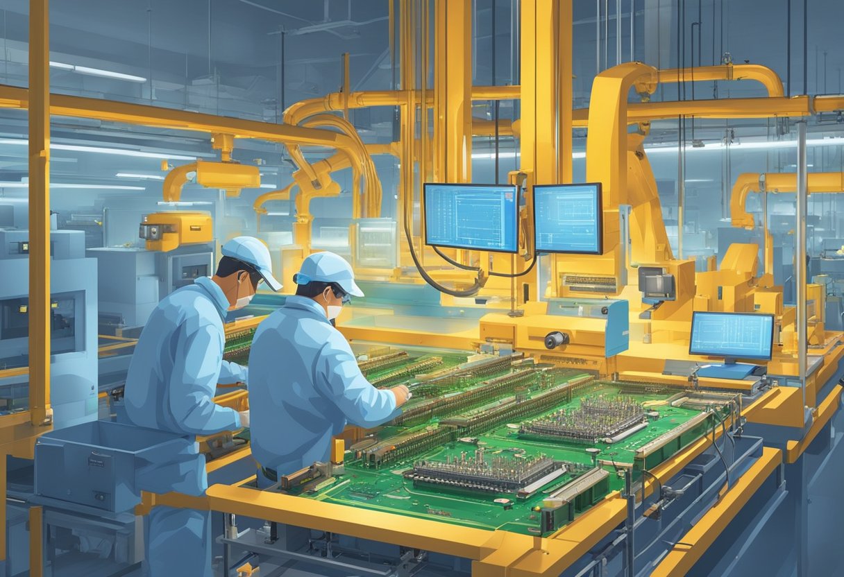 Multiple flex PCB assembly machines aligning and soldering components onto flexible circuit boards in a well-lit manufacturing facility