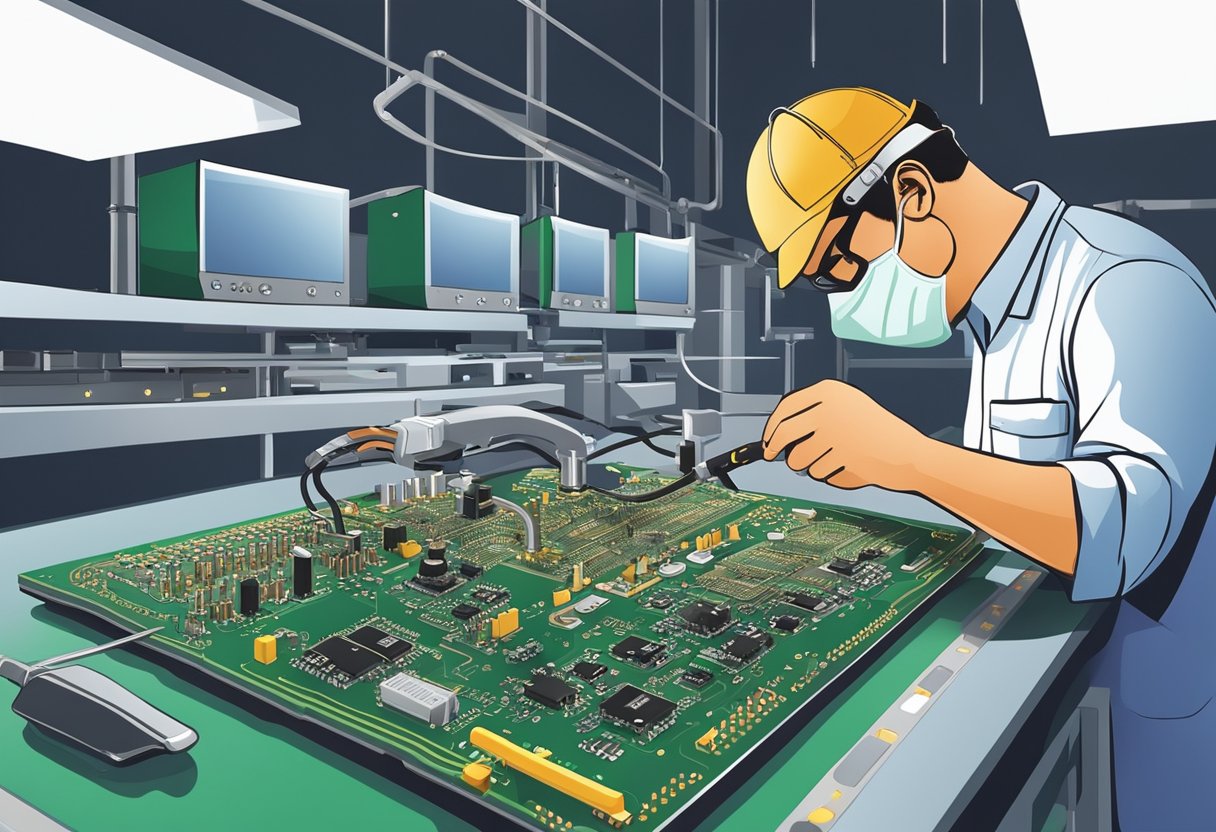 A technician soldering components onto a flexible printed circuit board in a manufacturing facility