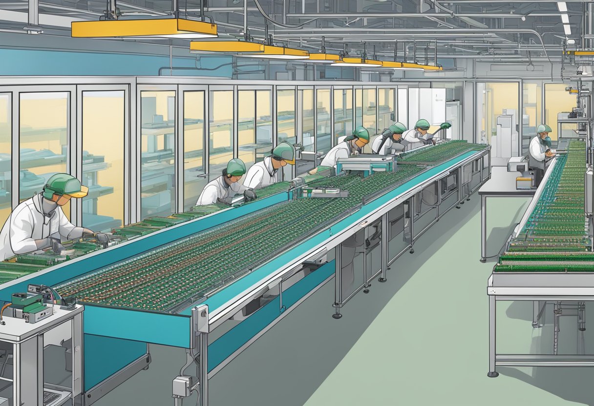 An array of PCB assembly stations with operators, conveyors, and soldering equipment. Components are manually inserted into circuit boards as they progress down the line