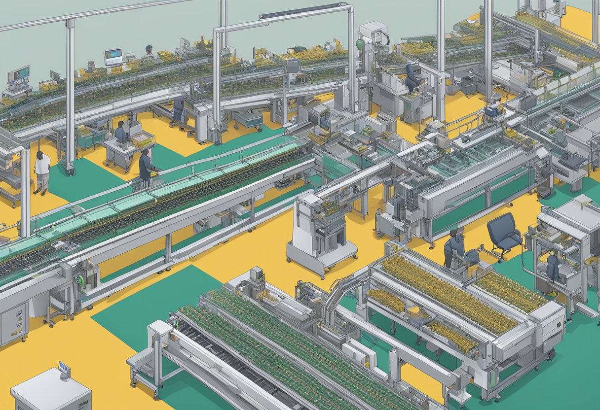 An array of machines and conveyors work in unison to assemble PCBs on a manual insertion assembly line