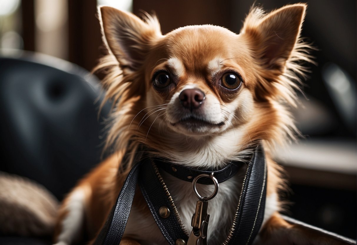 A chihuahua with long hair awaits grooming, sitting still as its owner holds a pair of scissors