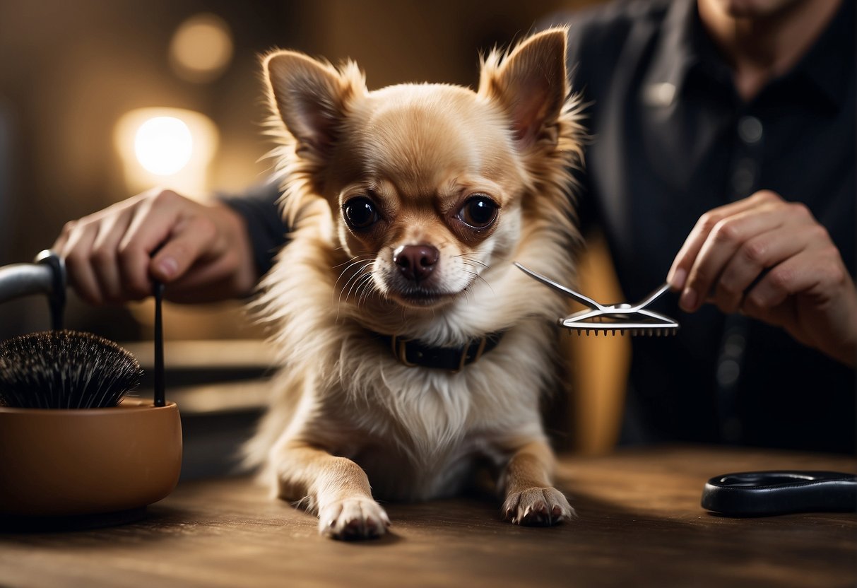 A Chihuahua with long hair being groomed, with a brush and scissors nearby