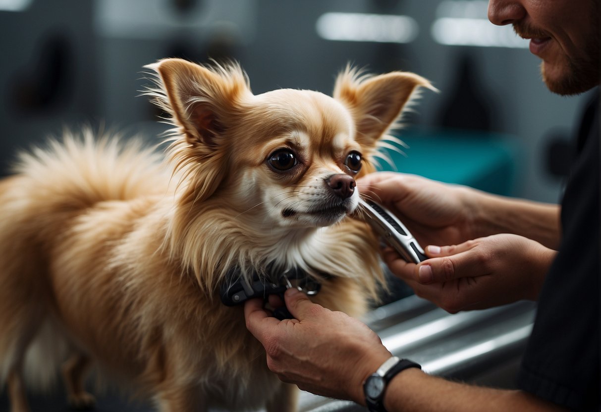 A long-haired Chihuahua being groomed, with its fur being carefully trimmed