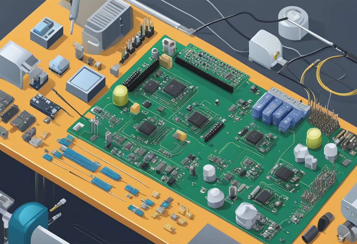 A circuit board being assembled with electronic components and soldering equipment on a workbench in a manufacturing facility