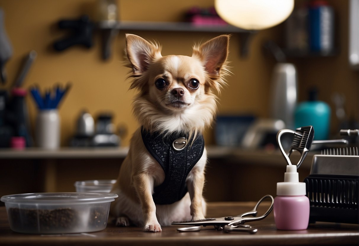 A chihuahua with long hair, standing on a grooming table, surrounded by scissors, combs, and a concerned owner seeking advice