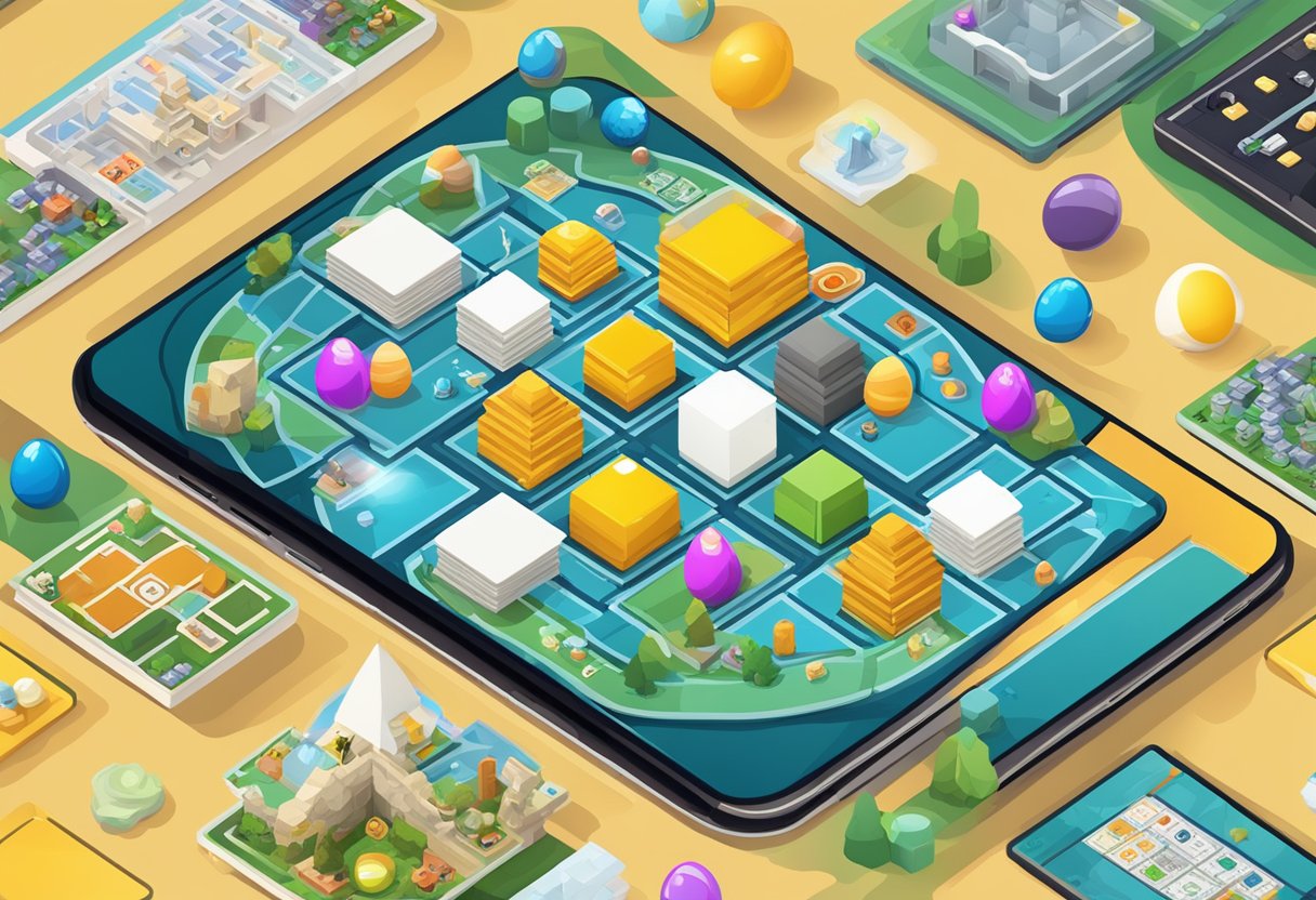 A smartphone with the Egg Inc game open, surrounded by a variety of board games and card games, with no internet connection symbol displayed