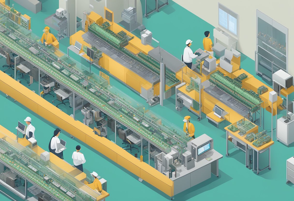 A top-down view of a PCB assembly line with AOI machines inspecting circuit boards for defects