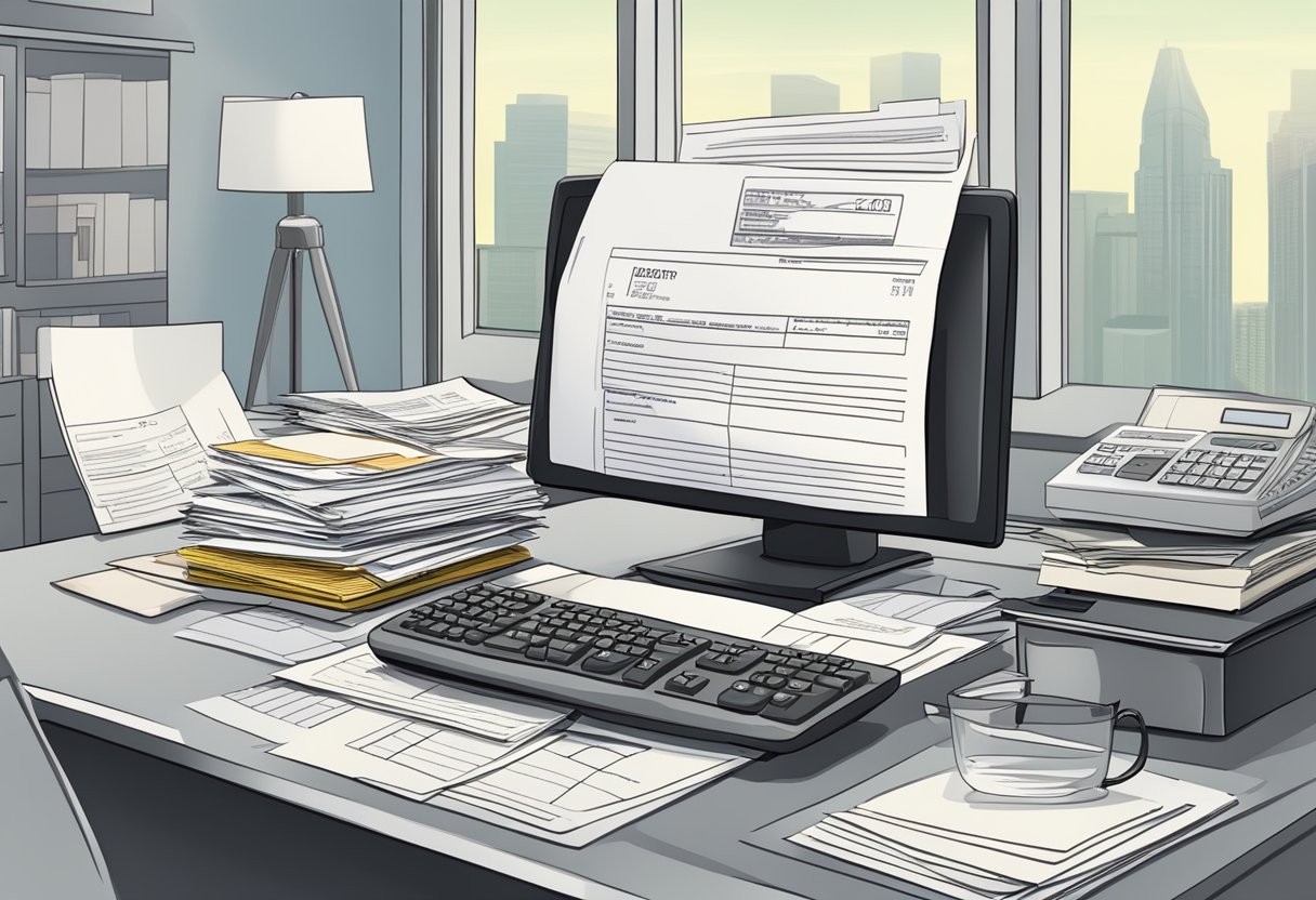 A desk with a computer, calculator, and paperwork. A stack of envelopes labeled "corporation income tax return" ready to be mailed