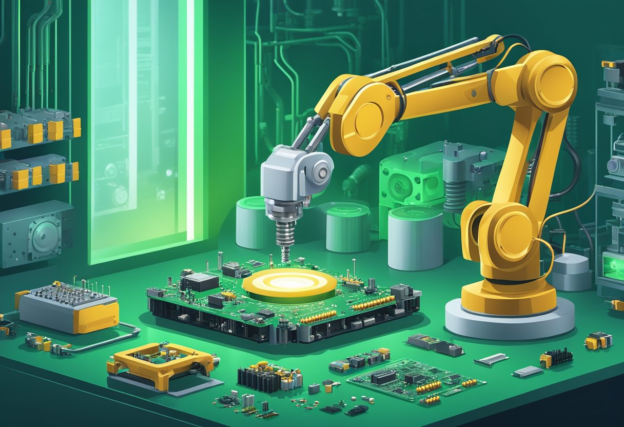 A robotic arm assembles small electronic components onto a green circuit board in a clean and well-lit manufacturing facility