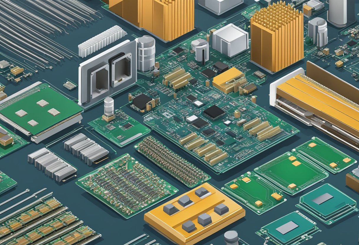 Various electronic components, such as resistors, capacitors, and integrated circuits, are being assembled onto a printed circuit board in a small-scale manufacturing facility