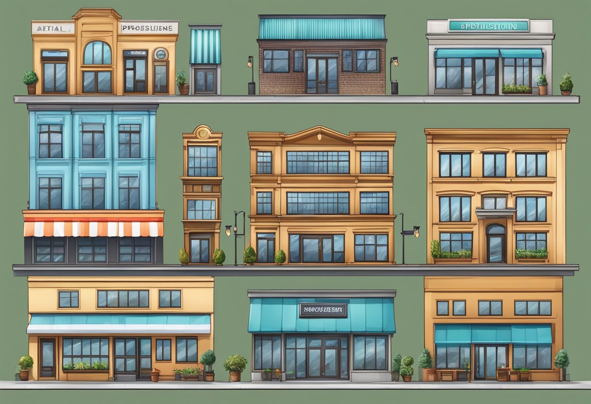 Different businesses types: a storefront for a retail business, an office building for a professional service, and a manufacturing plant for a production business
