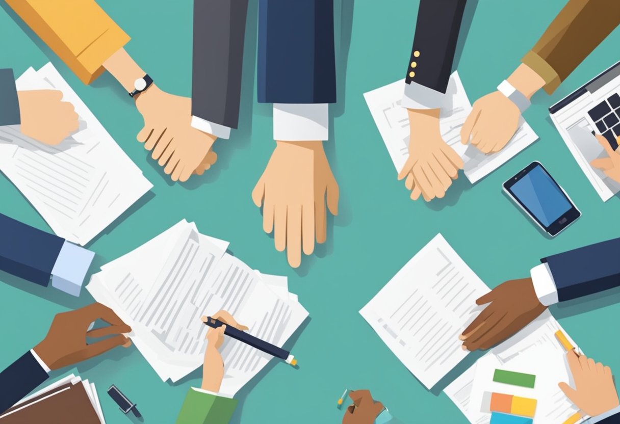 A group of people gathered around a table, signing documents and shaking hands, with a sense of accomplishment and unity in the air