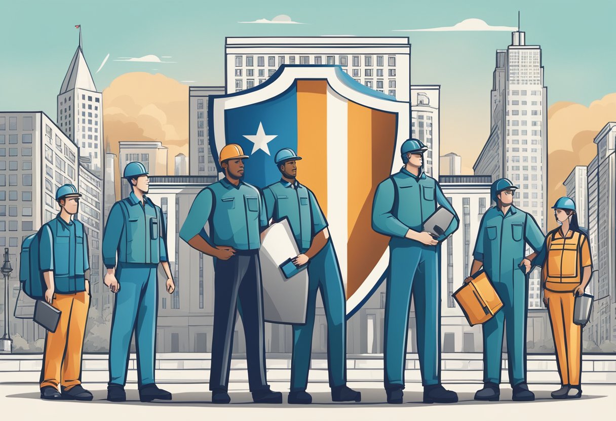 A group of workers are surrounded by a shield symbolizing benefits and protections, while a government building and a corporate headquarters stand in the background