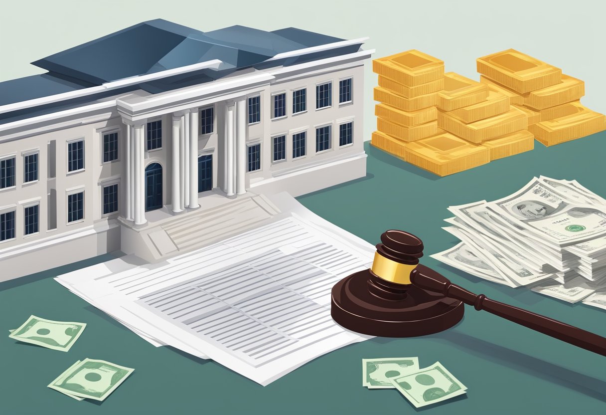 A group of business documents and legal forms, with a scale balancing money on one side and a government building on the other