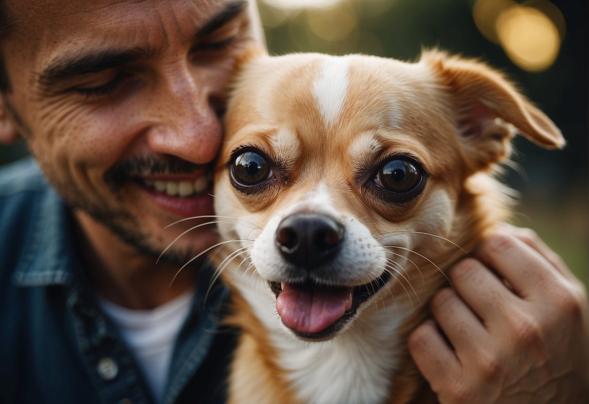 A chihuahua licking its owner's face with a curious and affectionate expression