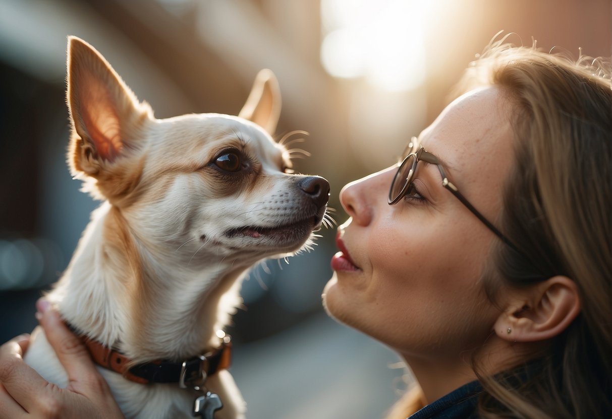 A chihuahua licks its owner's face, tail wagging. A puzzled owner looks on, while the chihuahua's tongue lingers on their hand