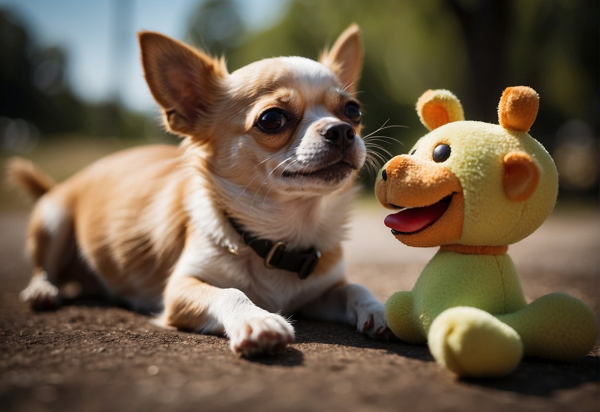 A chihuahua licking a toy or treat, while a person gently redirects the dog's attention away from licking