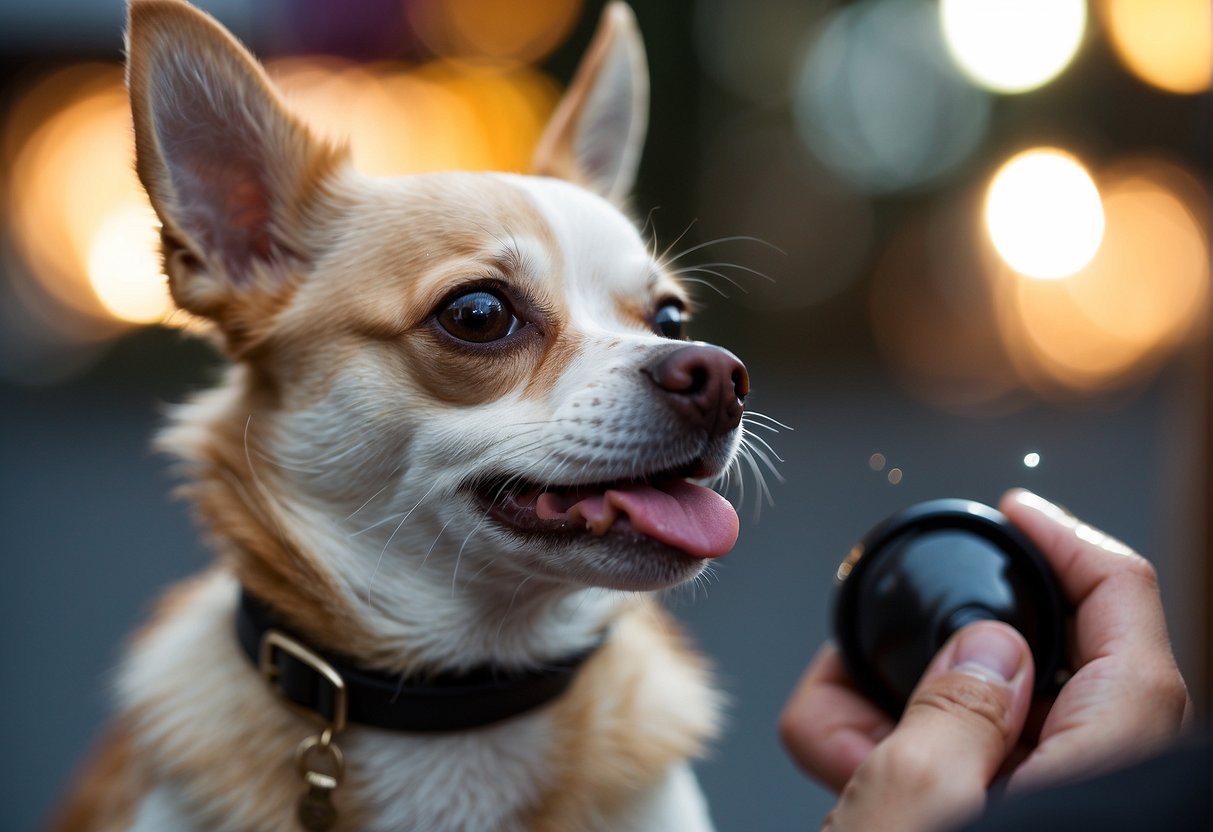 A chihuahua licking a person's face with a curious expression