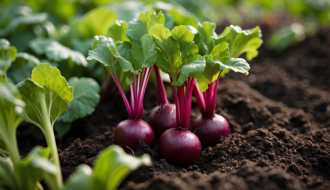 A vibrant beetroot plant with deep red roots and green leaves grows in rich, fertile soil. The plant is surrounded by other vegetables and herbs in a lush garden setting