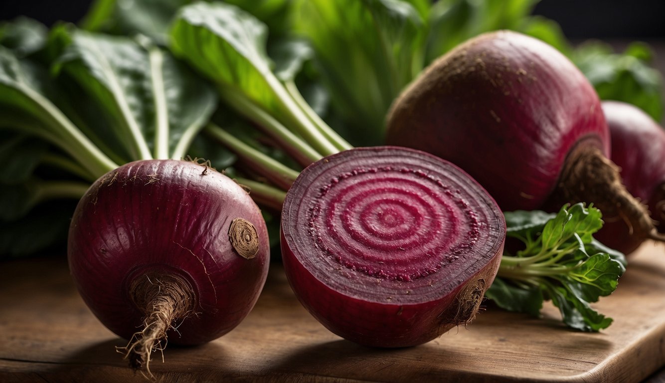 A vibrant beetroot with its green leafy top sits next to a nutritional label, showcasing its vitamins and minerals