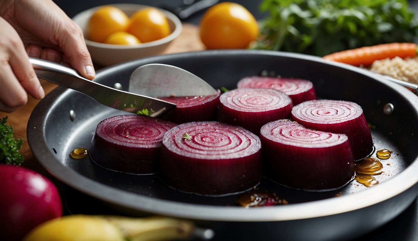 Beetroot being sliced and cooked in a pan with other vegetables