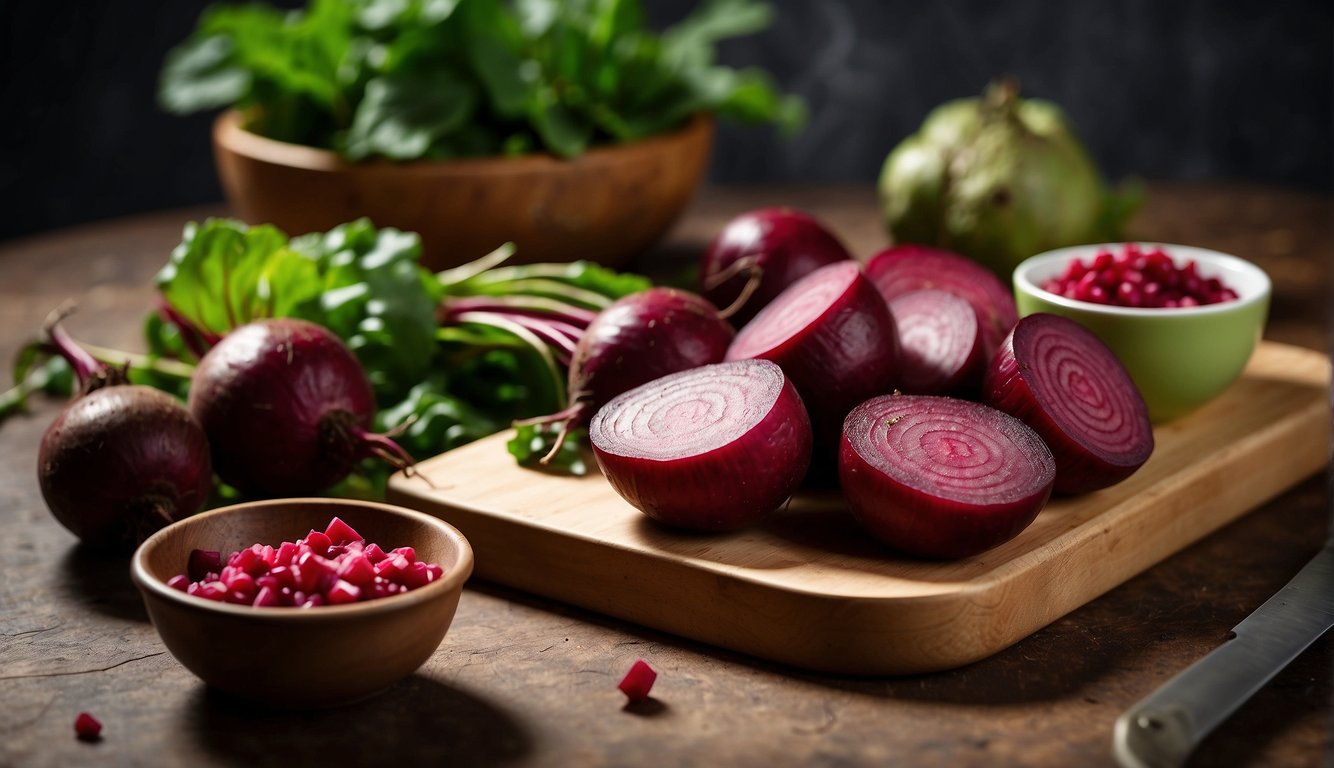 A vibrant beetroot sits on a cutting board, with a knife and a bowl of diced beets nearby. A medical textbook on beetroot's health benefits lies open in the background