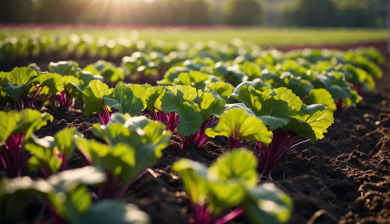 A field of beetroot plants with vibrant green leaves and deep purple roots growing in neat rows under the bright sun