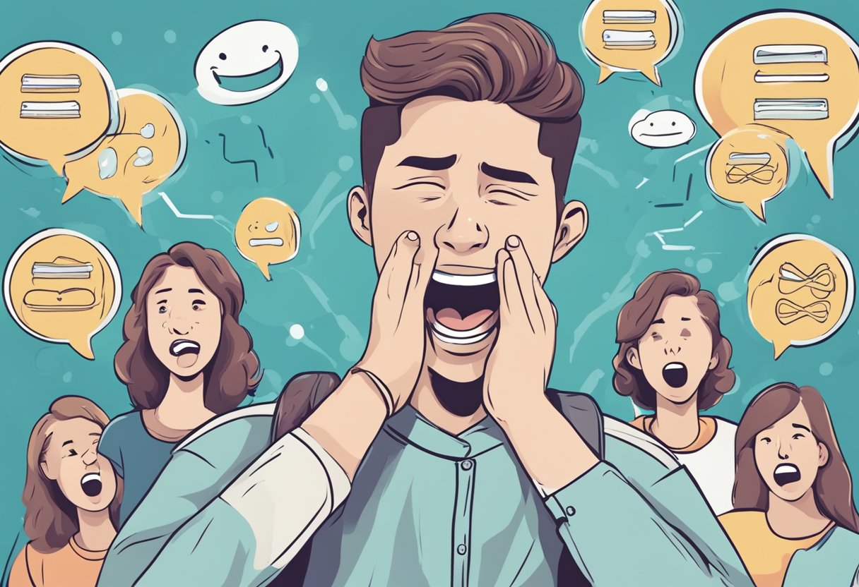 A person with braces cringes in pain, clutching their mouth. Surrounding them are five speech bubbles with crossed out myths about braces