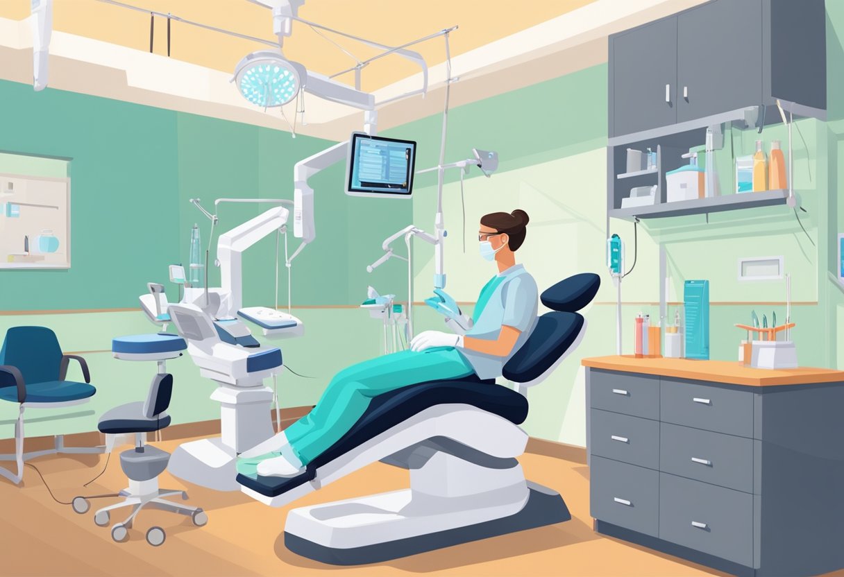 A person with braces sitting in a dentist's chair while the orthodontist adjusts the wires and brackets. The room is bright and sterile, with dental tools and equipment visible in the background