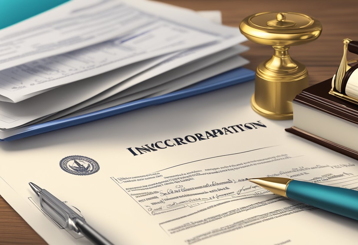 The articles of incorporation document is being signed and stamped by a notary public, with the company seal and legal documents in the background