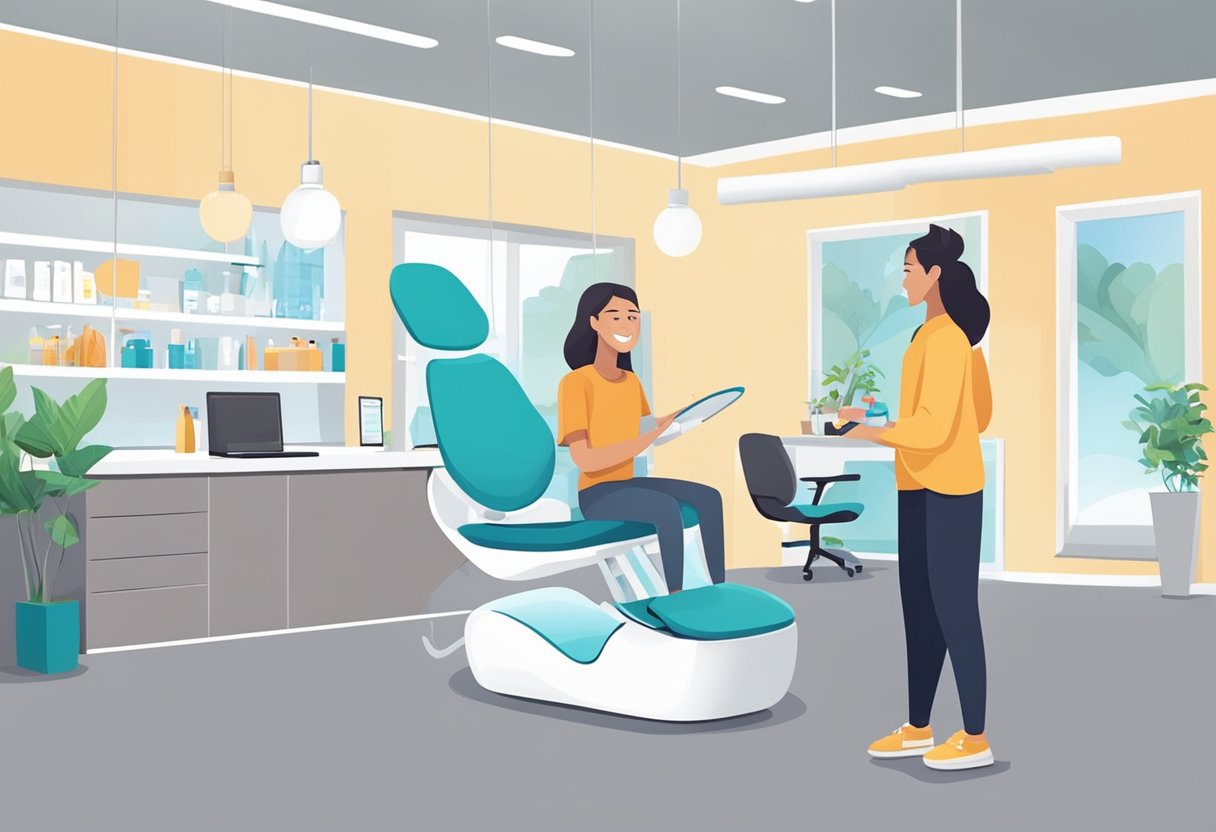 A teenager's Invisalign treatment process, with a parent present, in a modern dental office setting