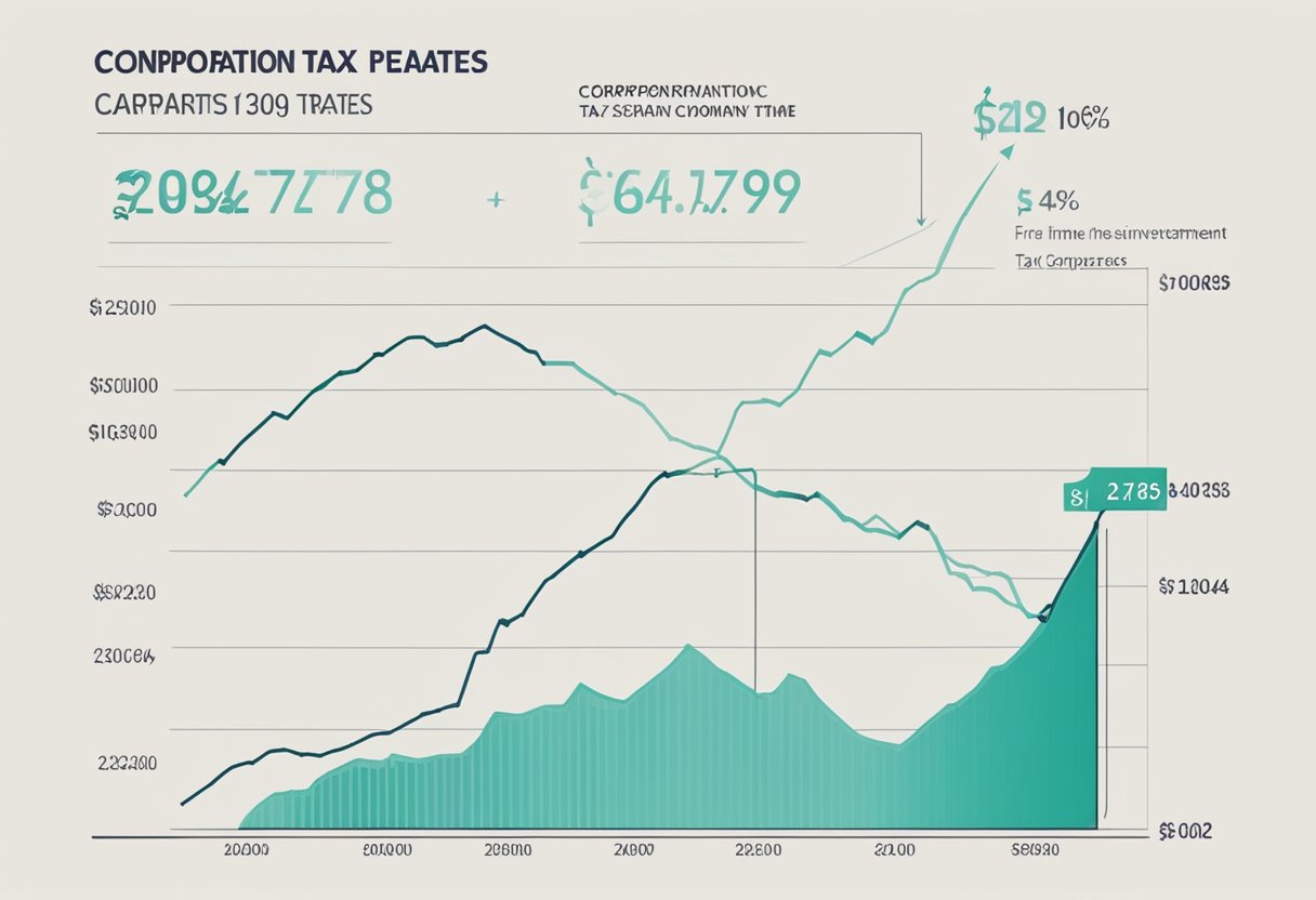 A graph showing a steady increase in corporation tax rates over time, with a corresponding decrease in company profits and investment