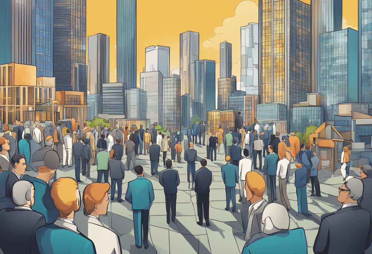 Corporate buildings surrounded by worried individuals, while stock prices drop and financial reports show decreased profits