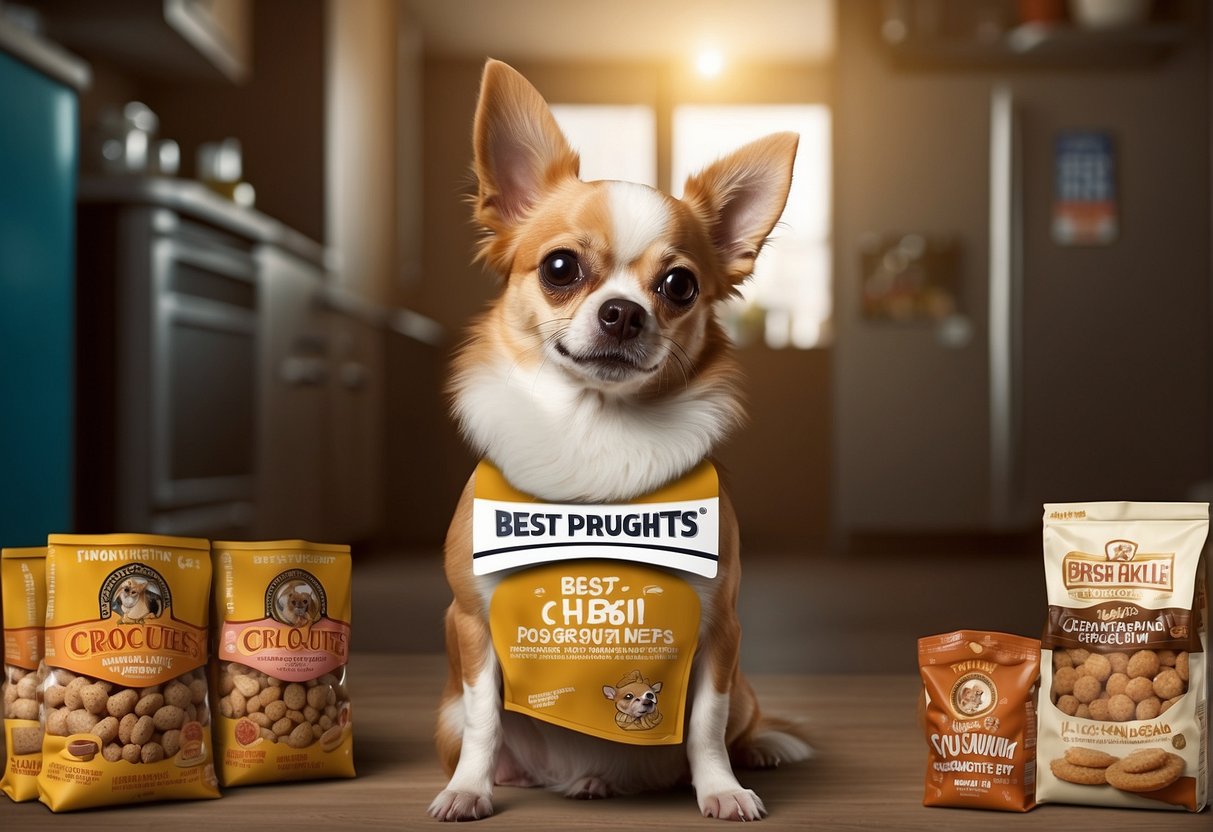 A Chihuahua surrounded by various brands of dog food, looking at a bag labeled "best croquettes for Chihuahua" with curiosity