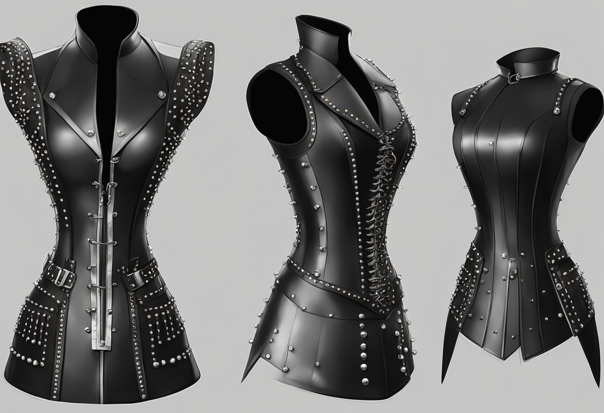 A mannequin displays a leather corset with metal studs, paired with thigh-high boots and a collar. The BDSM-inspired fashion exudes power and rebellion