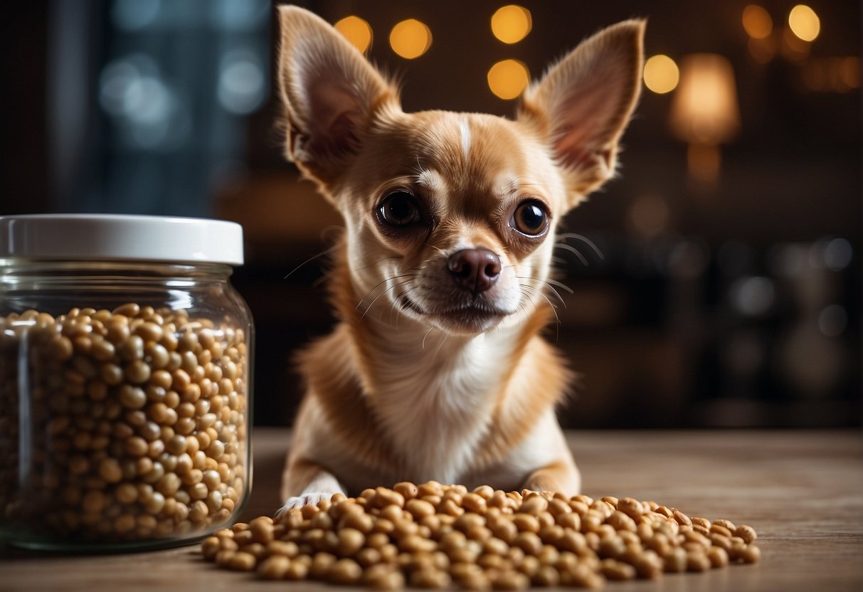 A Chihuahua eagerly chooses between different types of dog food, sniffing and inspecting the options before making a decision