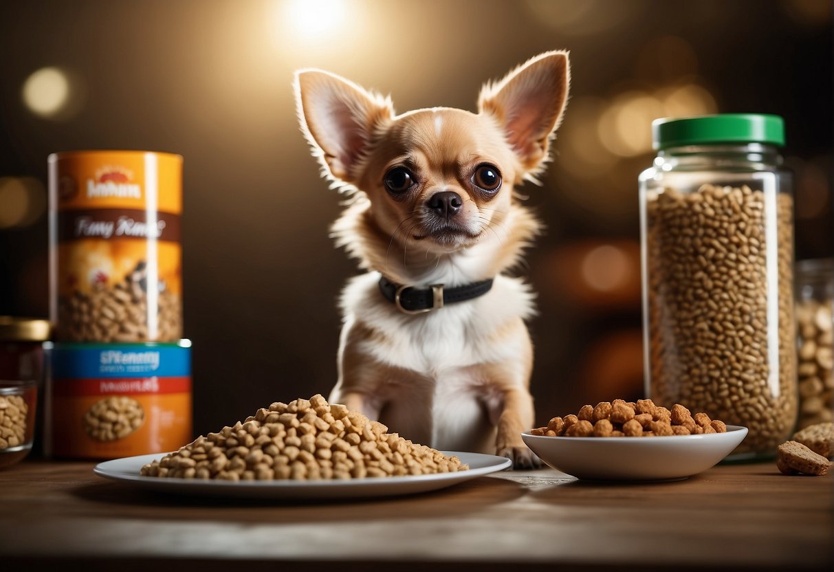 A Chihuahua eating recommended kibble, surrounded by various brands of dog food