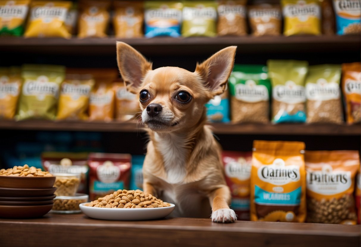 A chihuahua eagerly sniffs a variety of premium dog food brands, with colorful packaging and small kibble sizes, displayed on a shelf