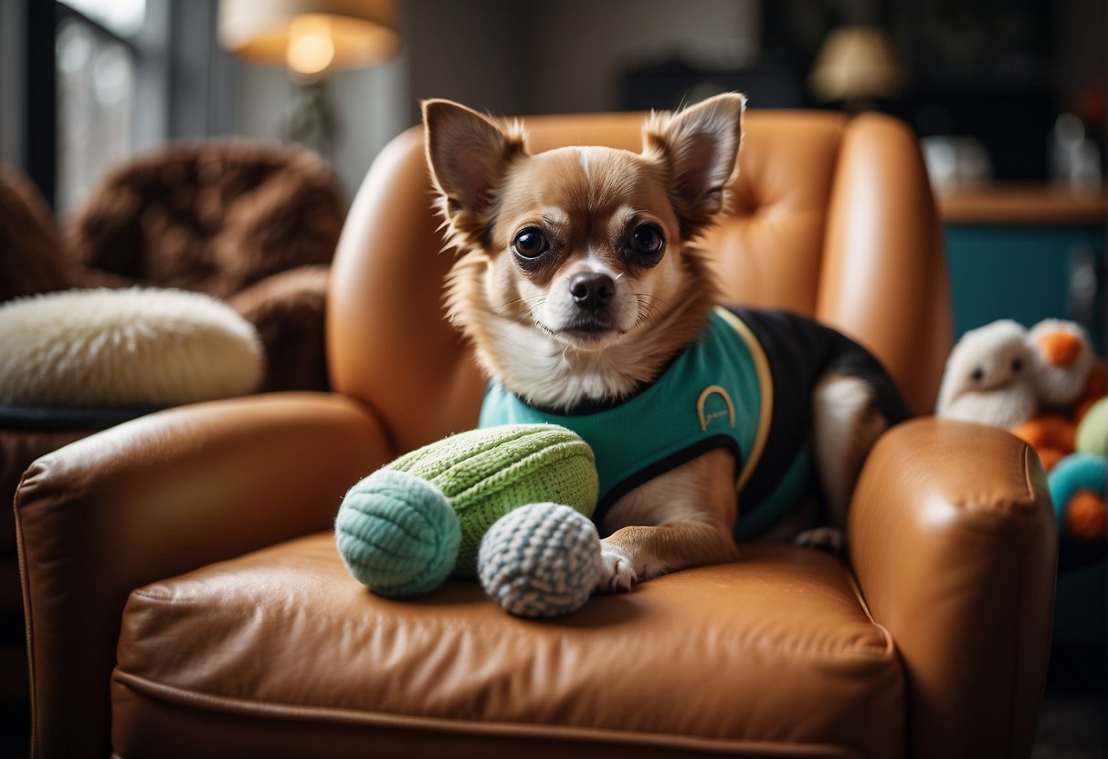 A chihuahua dog sits on a cushioned chair, surrounded by dog toys and a price tag