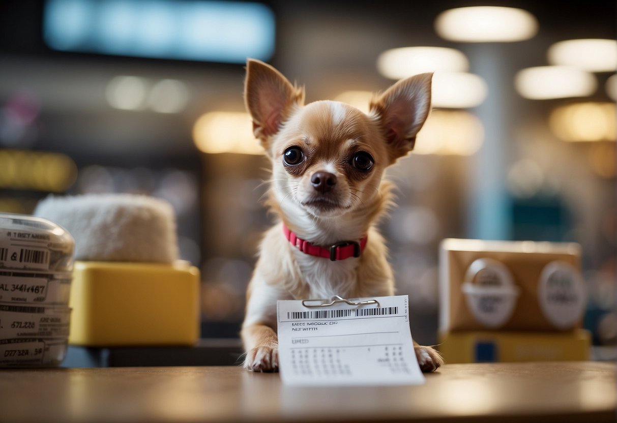 A chihuahua dog being purchased at a pet store, with a price tag and initial cost calculations written on a piece of paper