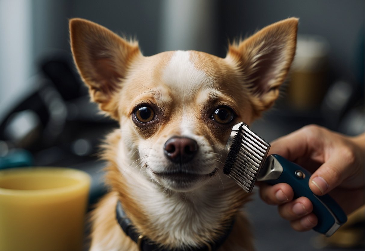 A chihuahua dog being groomed and cared for daily. Items such as a brush, shampoo, and nail clippers are visible