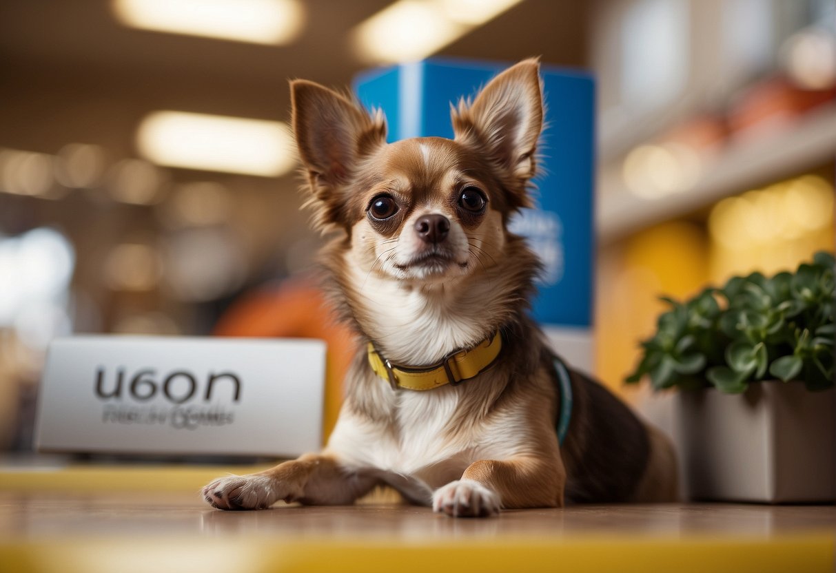 A chihuahua dog sitting next to a price tag with the text "Frequently Asked Questions combien coûte un chien chihuahua" in the background
